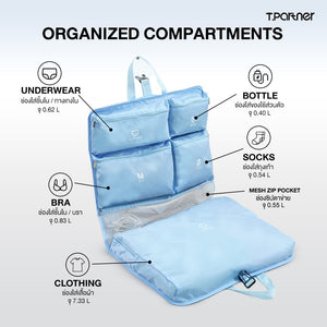 กระเป๋าจัดระเบียบเดินทางแบบแขวน Foldable Hanging Travel Organizer Bag สีฟ้า พร้อมช่องใส่เสื้อผ้า ชุดชั้นใน ขวดน้ำ