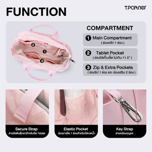 กระเป๋า Tote One day สีชมพู แสดงช่องใส่ของหลัก ช่องใส่แท็บเล็ต และช่องซิปพร้อมสายสะพาย
