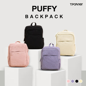 กระเป๋าเป้ Puffy Back Pack สีดำ ชมพู ม่วง และเหลืองอ่อน ดีไซน์เรียบหรู