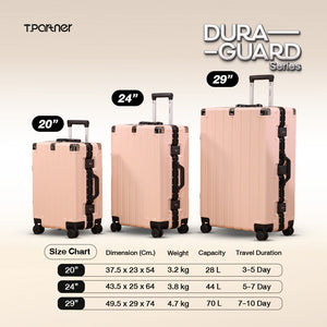 กระเป๋าเดินทาง Dura Guard Series สีชมพูอ่อน 3 ขนาด พร้อมตารางเปรียบเทียบขนาดและน้ำหนัก