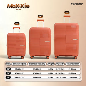 กระเป๋าเดินทาง MaXXie Series สีส้ม 3 ขนาด 20, 24, 29 นิ้ว พร้อมตารางรายละเอียด