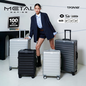 กระเป๋าเดินทางอลูมิเนียม Metal Series สีเงินและสีดำ มีให้เลือก 3 ขนาด 20, 24, 29 นิ้ว