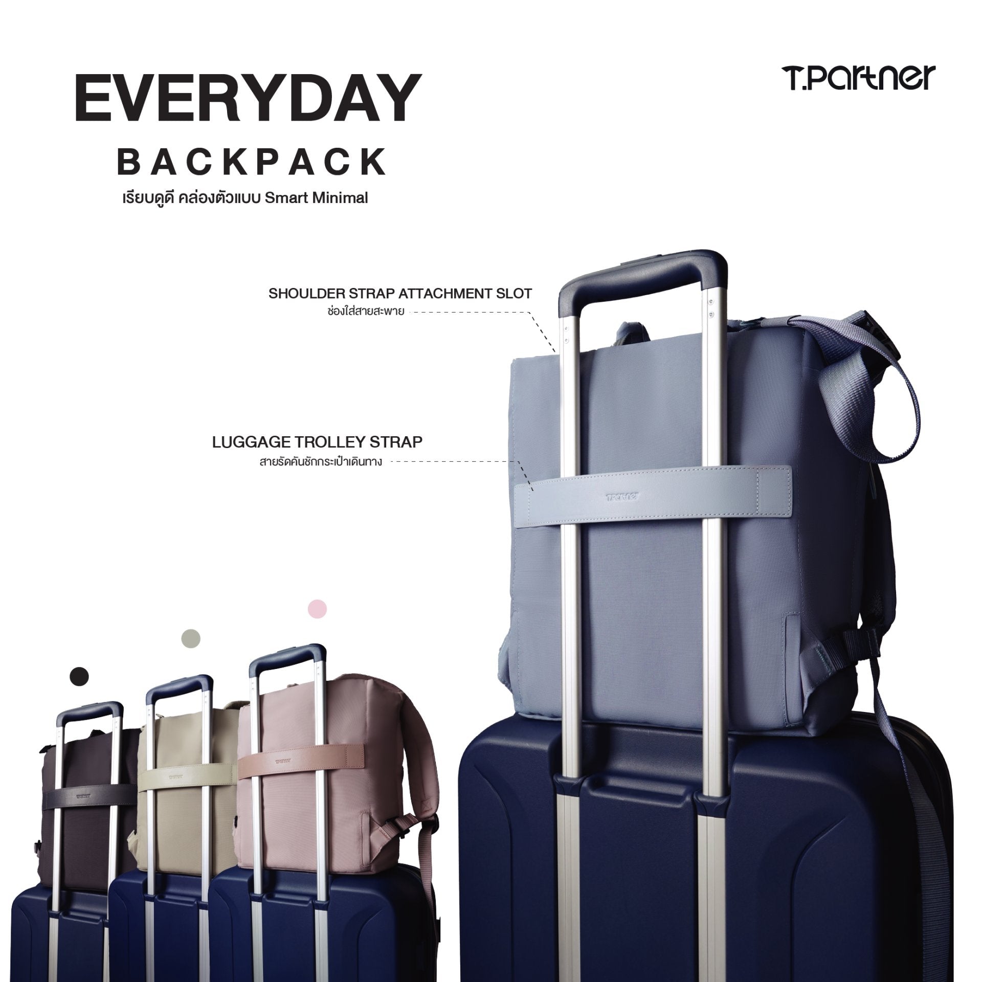 กระเป๋าเป้ Everyday Backpack สีเทา วางอยู่บนกระเป๋าเดินทางสีน้ำเงิน มีสายรัดกระเป๋าและสายสะพาย