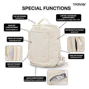 กระเป๋าเป้ Duffle Backpack สีครีม แสดงฟังก์ชันพิเศษ ช่องซิป ช่องใส่แล็ปท็อป ช่องใส่ขวดน้ำ