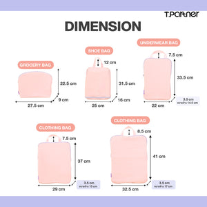 ภาพแสดงขนาดกระเป๋าจัดระเบียบ Organize Space Saver Bag 5 แบบ พร้อมมิติ