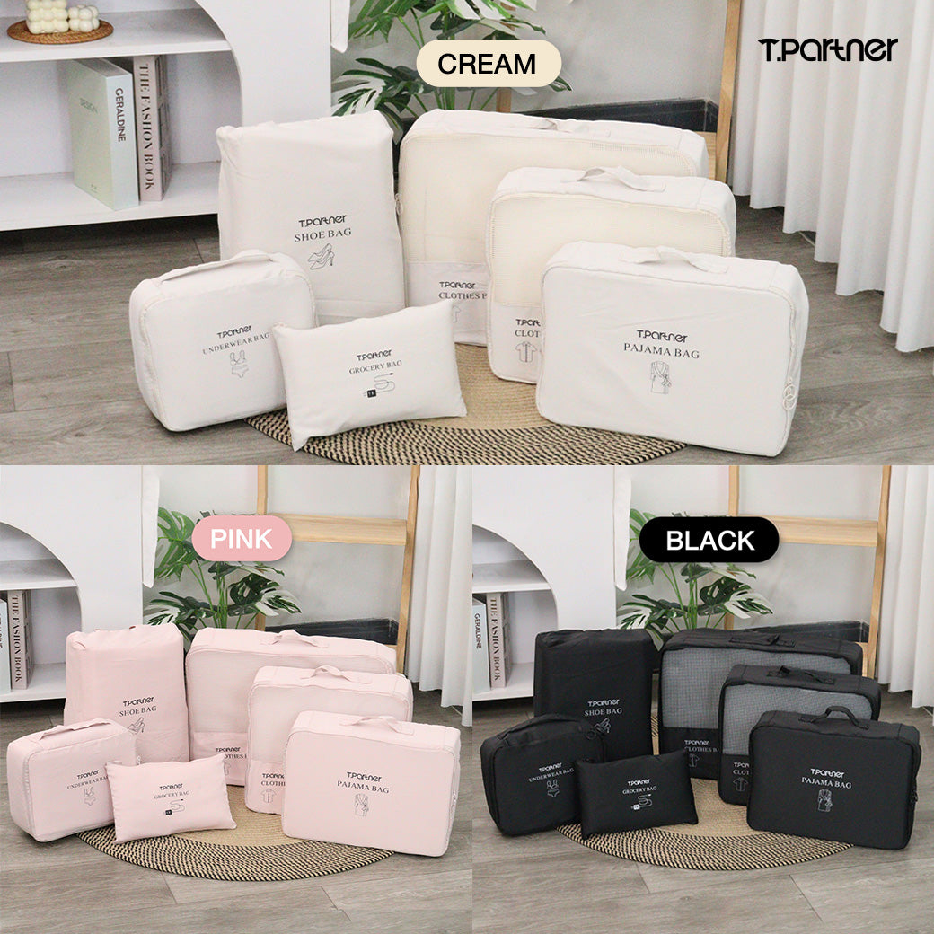 ชุดกระเป๋าจัดระเบียบ Organize Bag รุ่น T.Partner สีครีม ชมพู และดำ สำหรับจัดเก็บเสื้อผ้าและของใช้เดินทาง