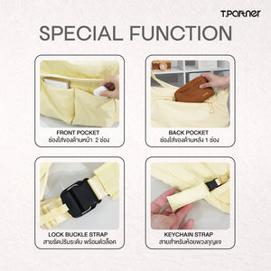 กระเป๋าสะพายข้าง All Day Tote Bag สีเหลือง แสดงช่องใส่ของด้านหน้า ด้านหลัง สายล็อค และสายห้อยพวงกุญแจ