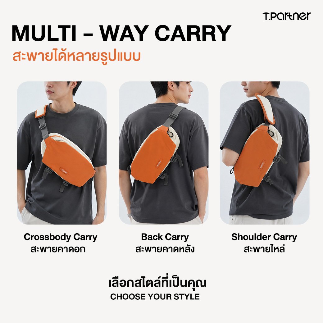กระเป๋าสะพายข้างและคาดอก SLING BAG สีส้ม แสดงการสะพาย 3 แบบ: คาดอก, คาดหลัง, สะพายไหล่