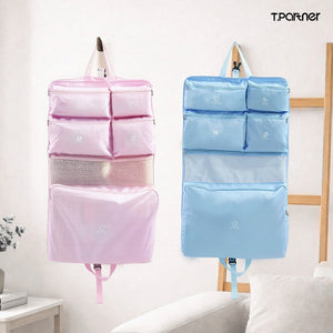 กระเป๋าจัดระเบียบเดินทางแบบแขวน พับได้ สีชมพูและสีฟ้า ดีไซน์สวยงาม