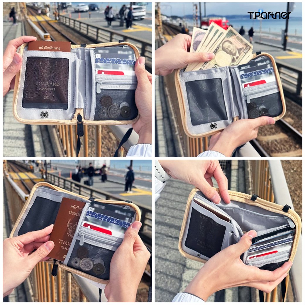 กระเป๋าสตางค์ Smart Travel Wallet RFID สีเบจ พร้อมช่องใส่บัตรและหนังสือเดินทาง
