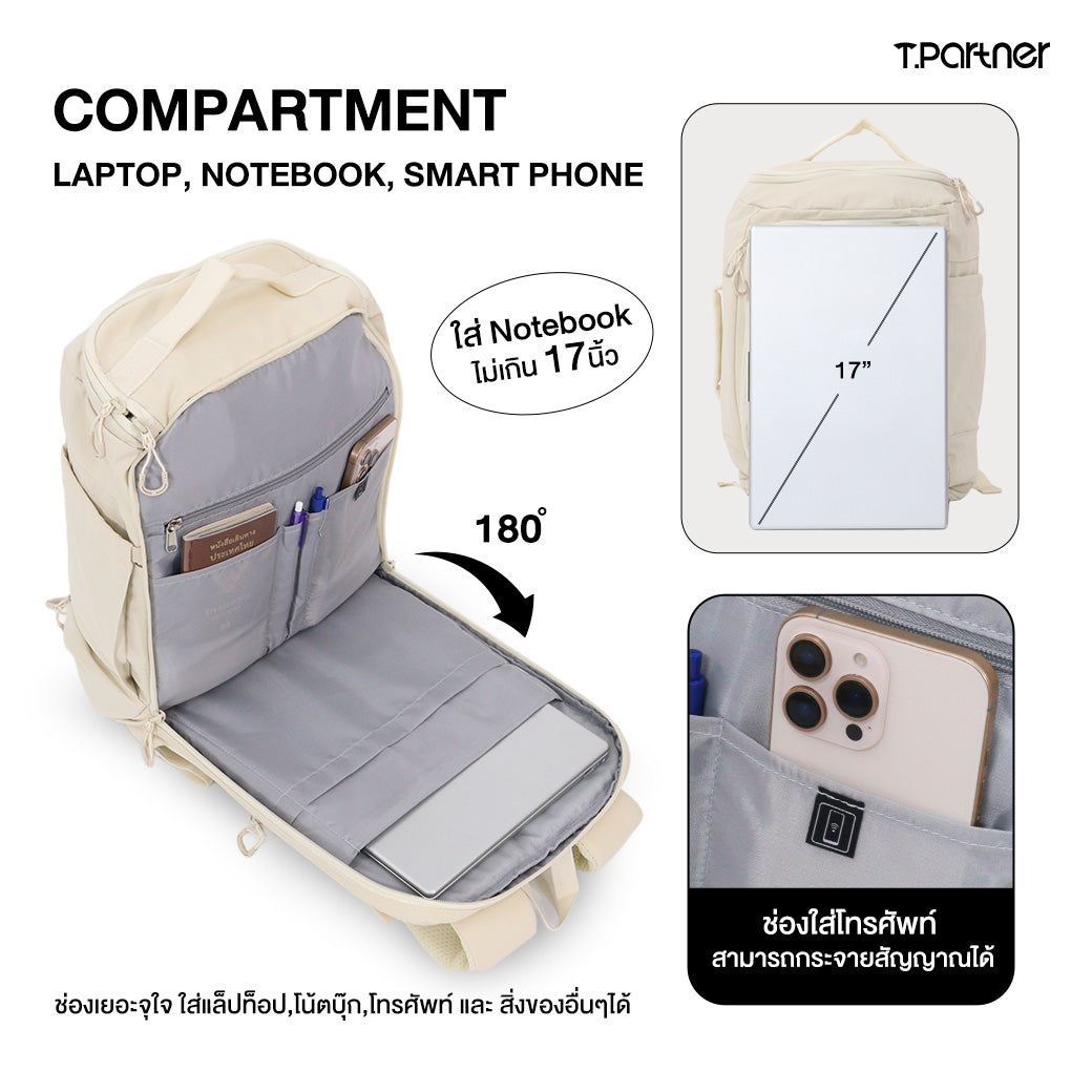 กระเป๋าเป้ Duffle Backpack สีเบจ เปิดออกโชว์ช่องใส่แล็ปท็อป 17 นิ้ว และช่องโทรศัพท์