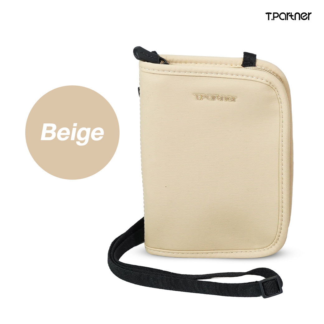 กระเป๋าสตางค์ RFID Smart Travel Wallet สีเบจ พร้อมสายสะพายสีดำ