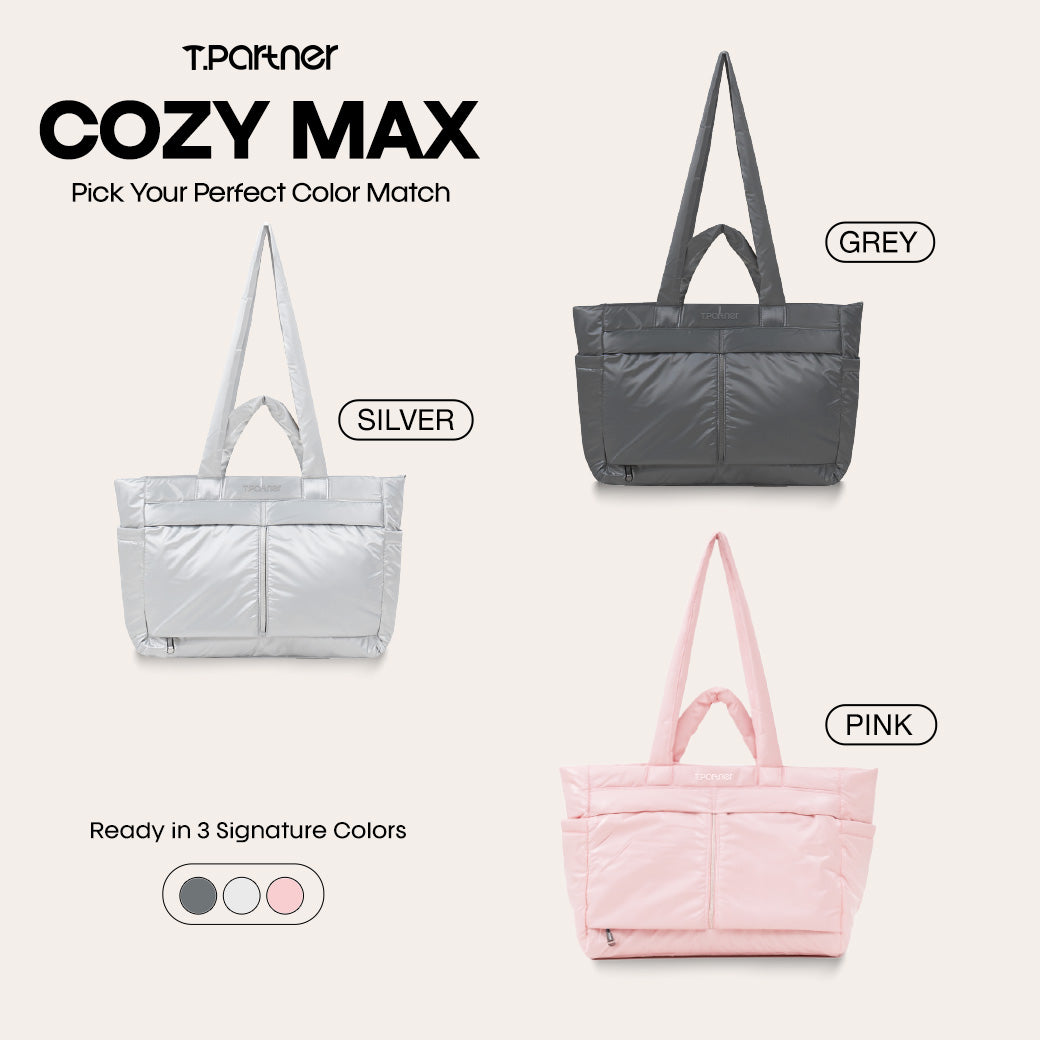กระเป๋าสะพาย Cozy Max สีเงิน สีเทา และสีชมพู วางเรียงกัน 3 สี พร้อมตัวอย่างสีที่ด้านล่าง