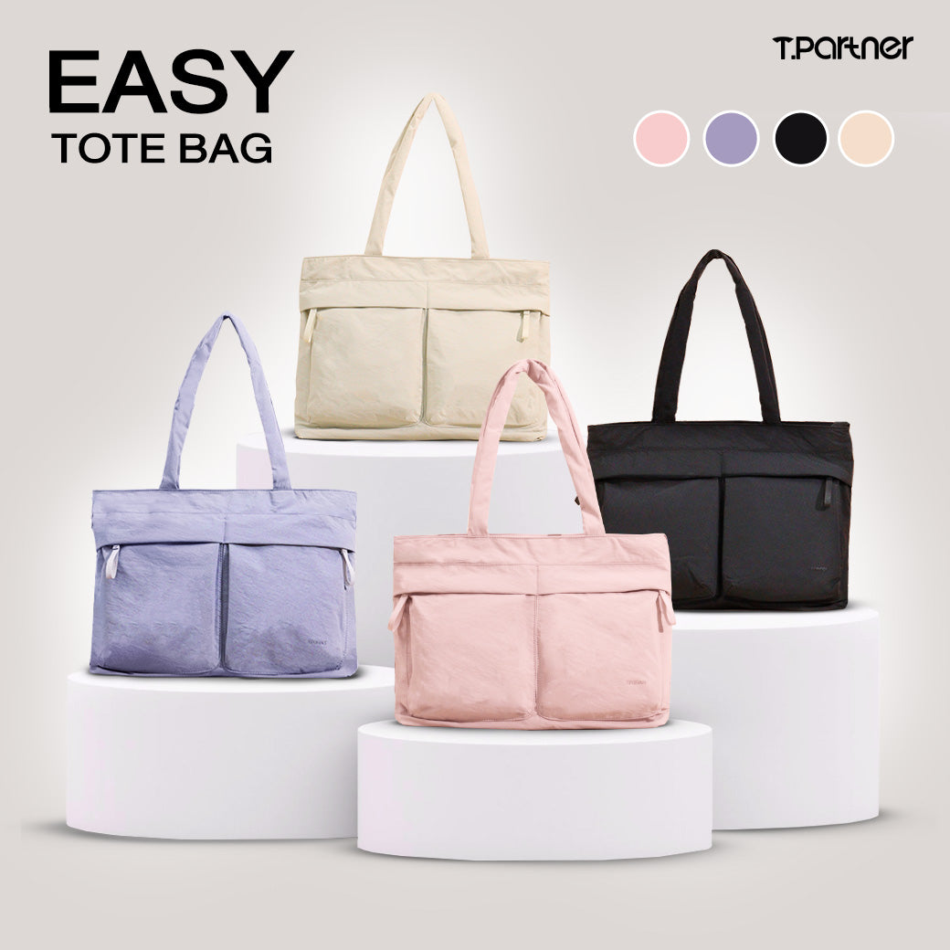 กระเป๋า Tote Easy Bag สีเบจ ลายย่น พร้อมช่องกระเป๋าด้านหน้า 2 ช่อง