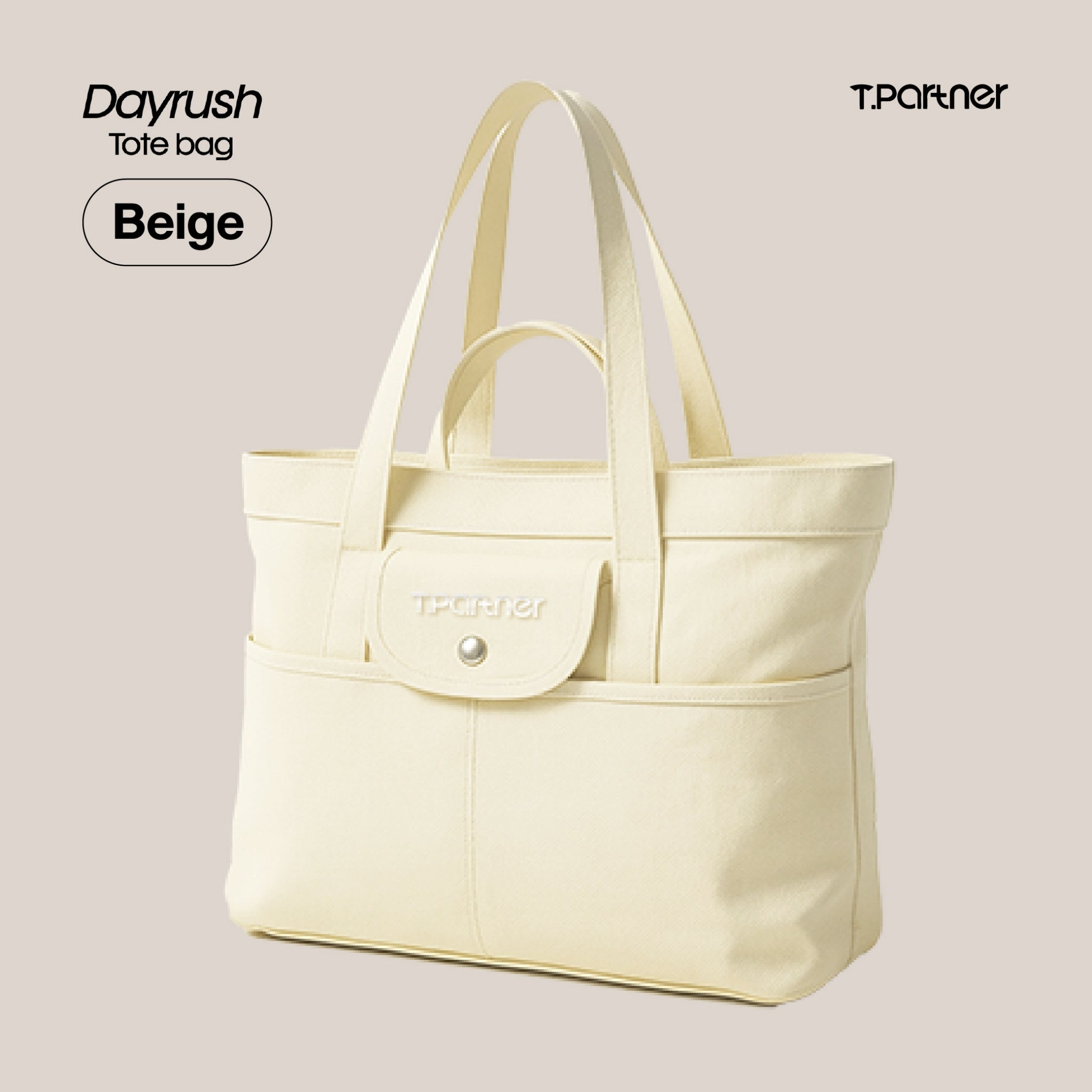 กระเป๋าโท้ท DayRush สีเบจ ทำจากผ้าแคนวาส ดีไซน์เรียบหรู มีช่องใส่ของด้านหน้า