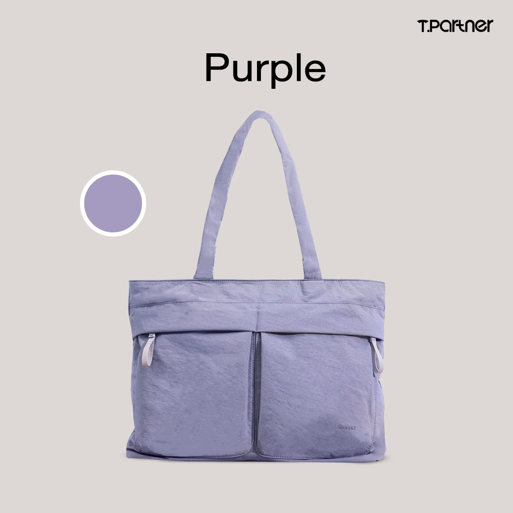 กระเป๋า Tote Easy Bag สีม่วงอ่อน ดีไซน์เรียบหรู พร้อมช่องใส่ของด้านหน้า