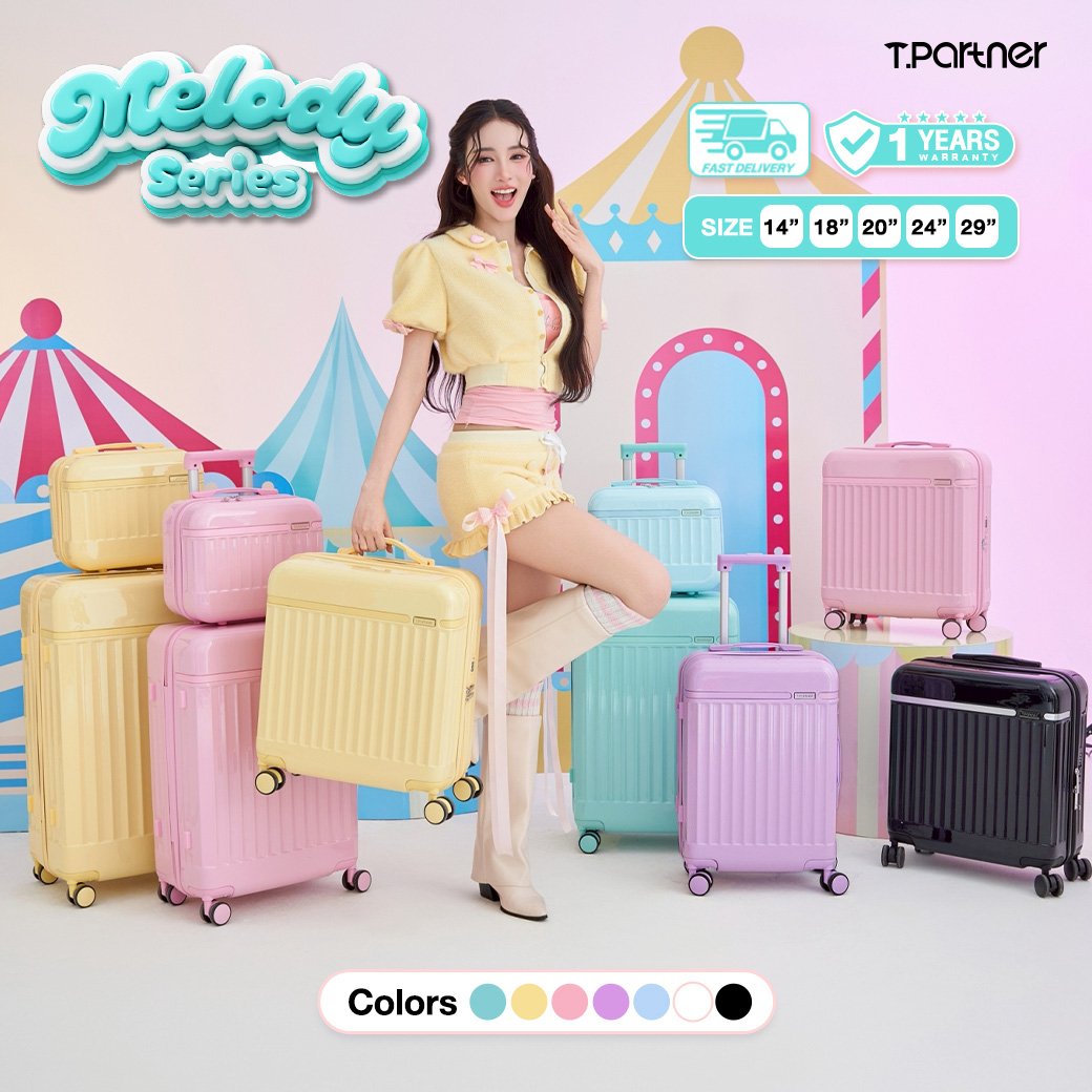 กระเป๋าเดินทาง Melody Series สีพาสเทลหลากหลายสีสัน วางเรียงเป็นกลุ่ม พร้อมโปรโมชั่นจัดส่งฟรีและรับประกัน 1 ปี