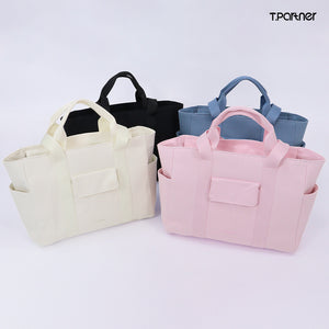 กระเป๋าโท้ทวันเดย์ผ้าแคนวาสสีครีม ชมพู ฟ้า และดำ พร้อมช่องใส่ของด้านนอก