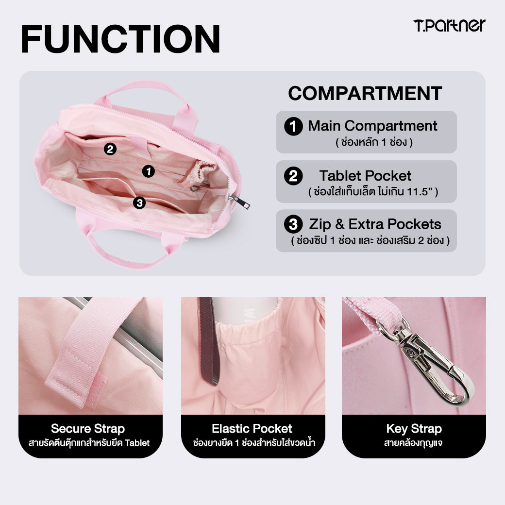 กระเป๋า Tote One day สีชมพู แสดงช่องใส่ของหลัก ช่องใส่แท็บเล็ต และช่องซิปพร้อมสายสะพาย
