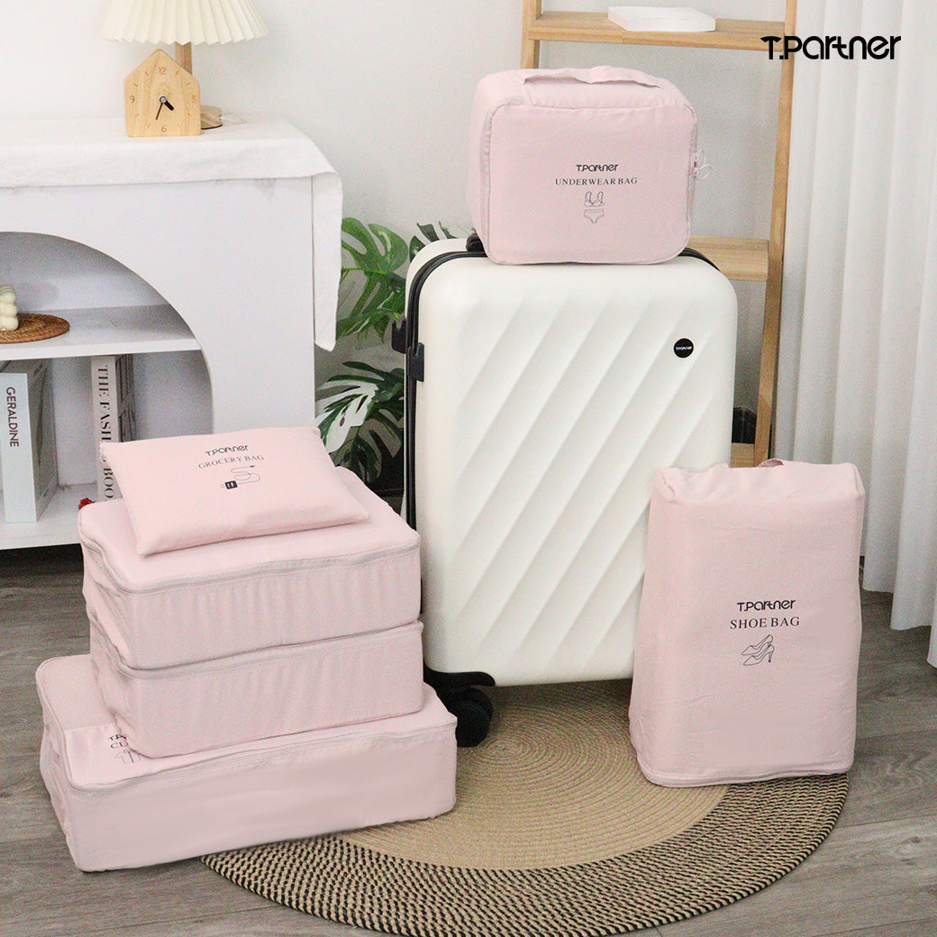 ชุดกระเป๋าจัดระเบียบ Organize Bag สีชมพูอ่อนสำหรับจัดเสื้อผ้าและรองเท้าในกระเป๋าเดินทาง
