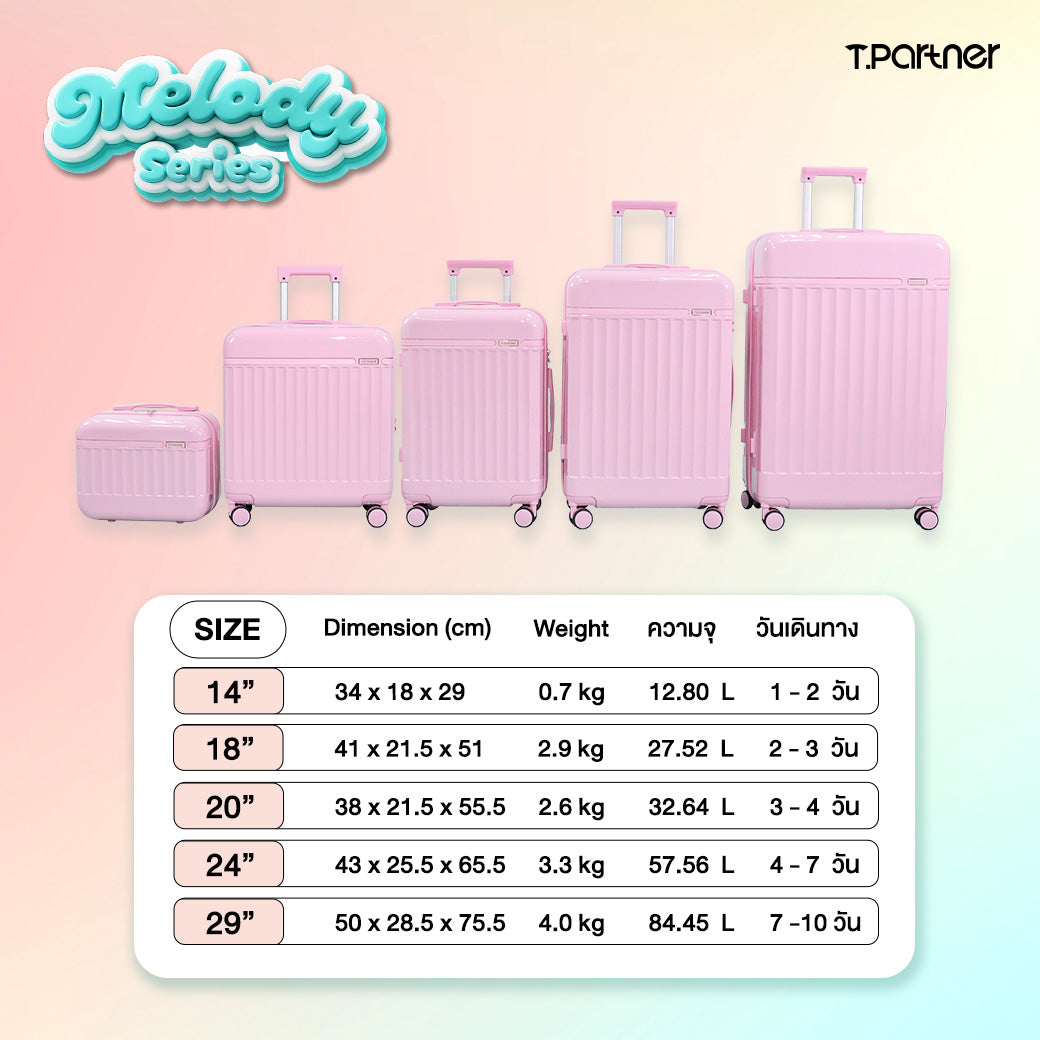 กระเป๋าเดินทาง Melody Series สีชมพู 5 ขนาด พร้อมตารางแสดงรายละเอียด