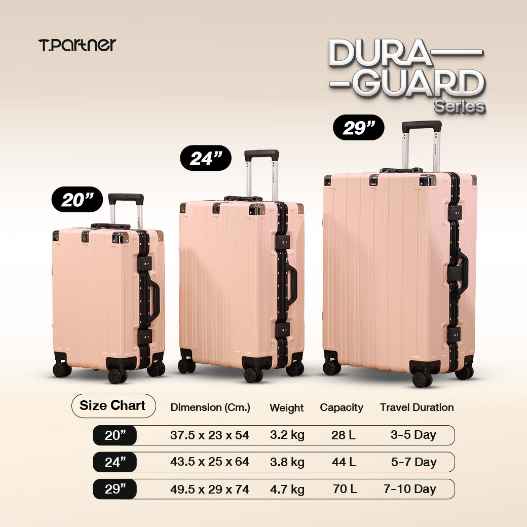 กระเป๋าเดินทาง Dura Guard Series สีชมพูอ่อน 3 ขนาด พร้อมตารางเปรียบเทียบขนาดและน้ำหนัก