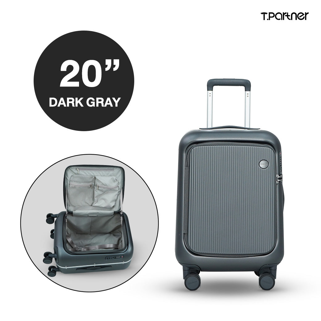กระเป๋าเดินทาง T.PARTNER สีเทาเข้ม ขนาด 20 นิ้ว รุ่น Glamorous Series เปิดโชว์ช่องจัดเก็บด้านใน