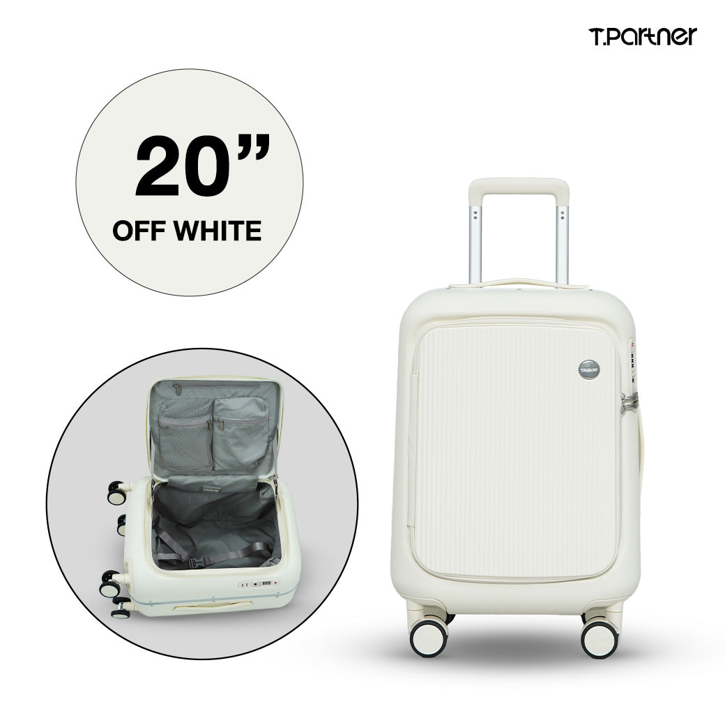 กระเป๋าเดินทาง T.Partner รุ่น Glamorous Series สี Off White ขนาด 20 นิ้ว เปิดให้เห็นช่องจัดเก็บภายใน
