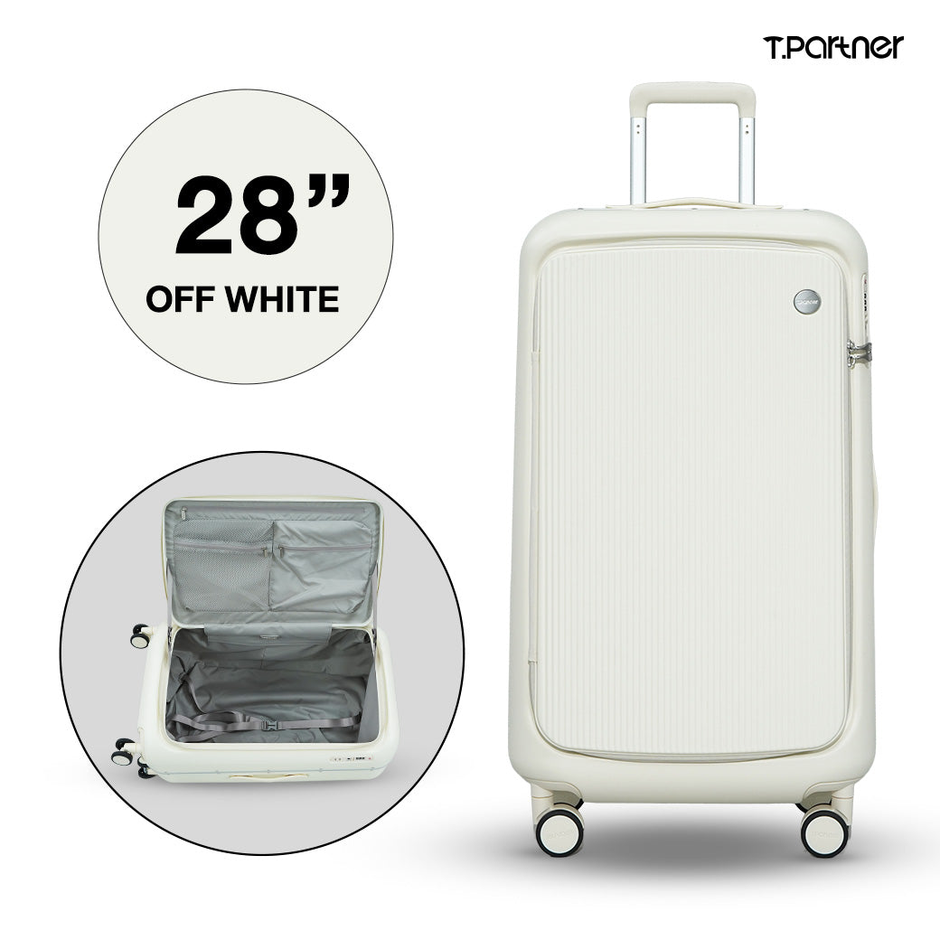 กระเป๋าเดินทาง T.Partner รุ่น Glamorous Series ขนาด 28 นิ้ว สี Off White เปิดให้เห็นช่องเก็บสัมภาระ