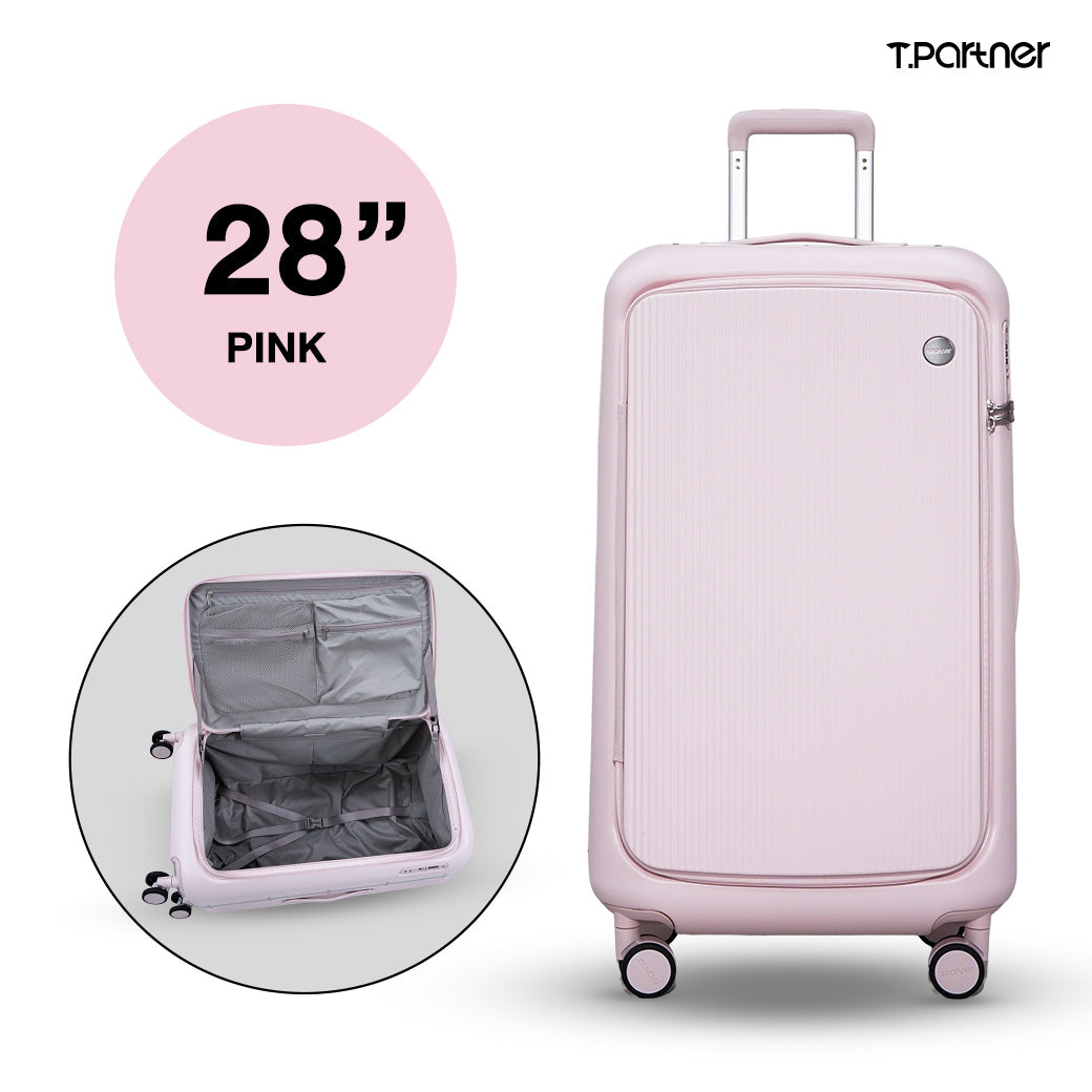 กระเป๋าเดินทางสีชมพูขนาด 28 นิ้ว รุ่น Glamorous Series เปิดให้เห็นช่องเก็บสัมภาระภายใน