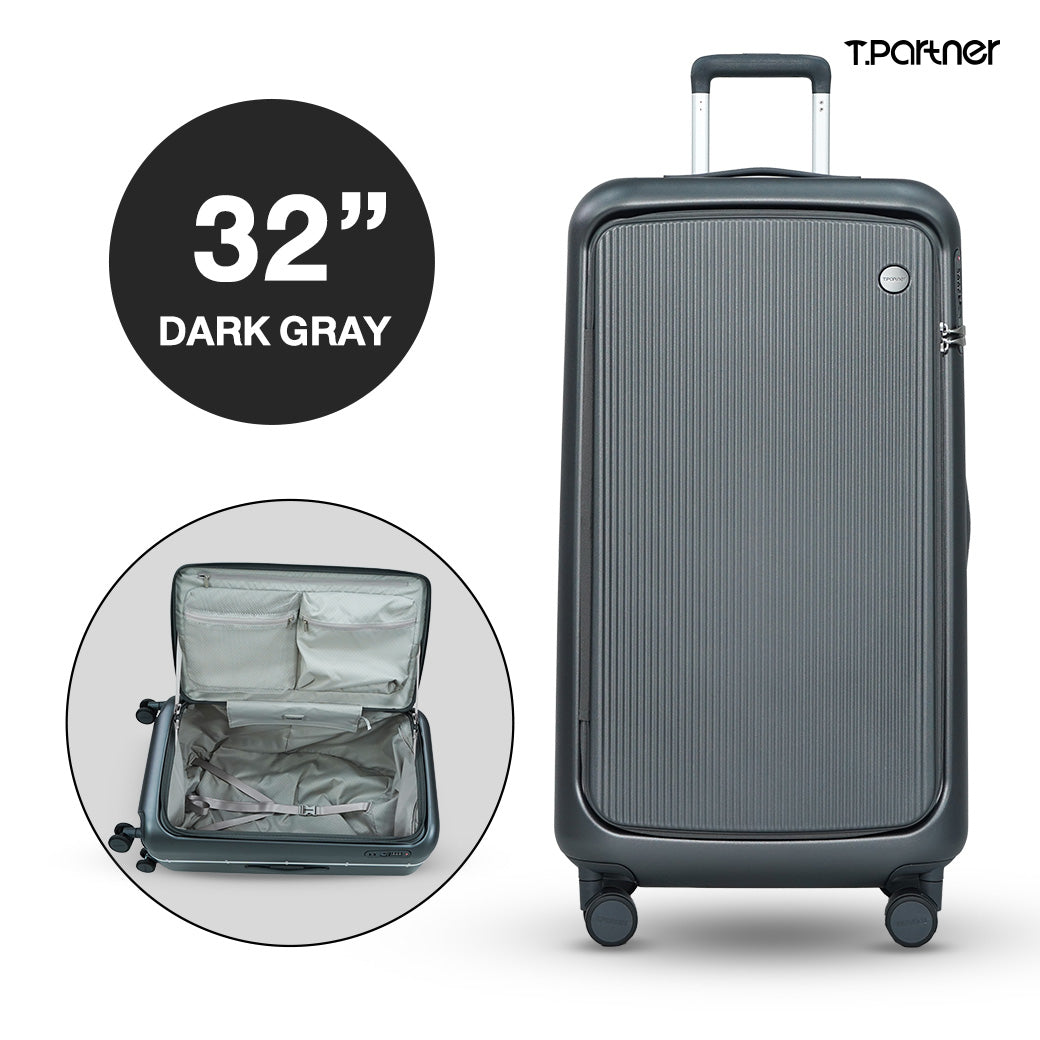 กระเป๋าเดินทาง T.Partner รุ่น Glamorous Series ขนาด 32 นิ้ว สีเทาเข้ม เปิดให้เห็นช่องเก็บของด้านใน