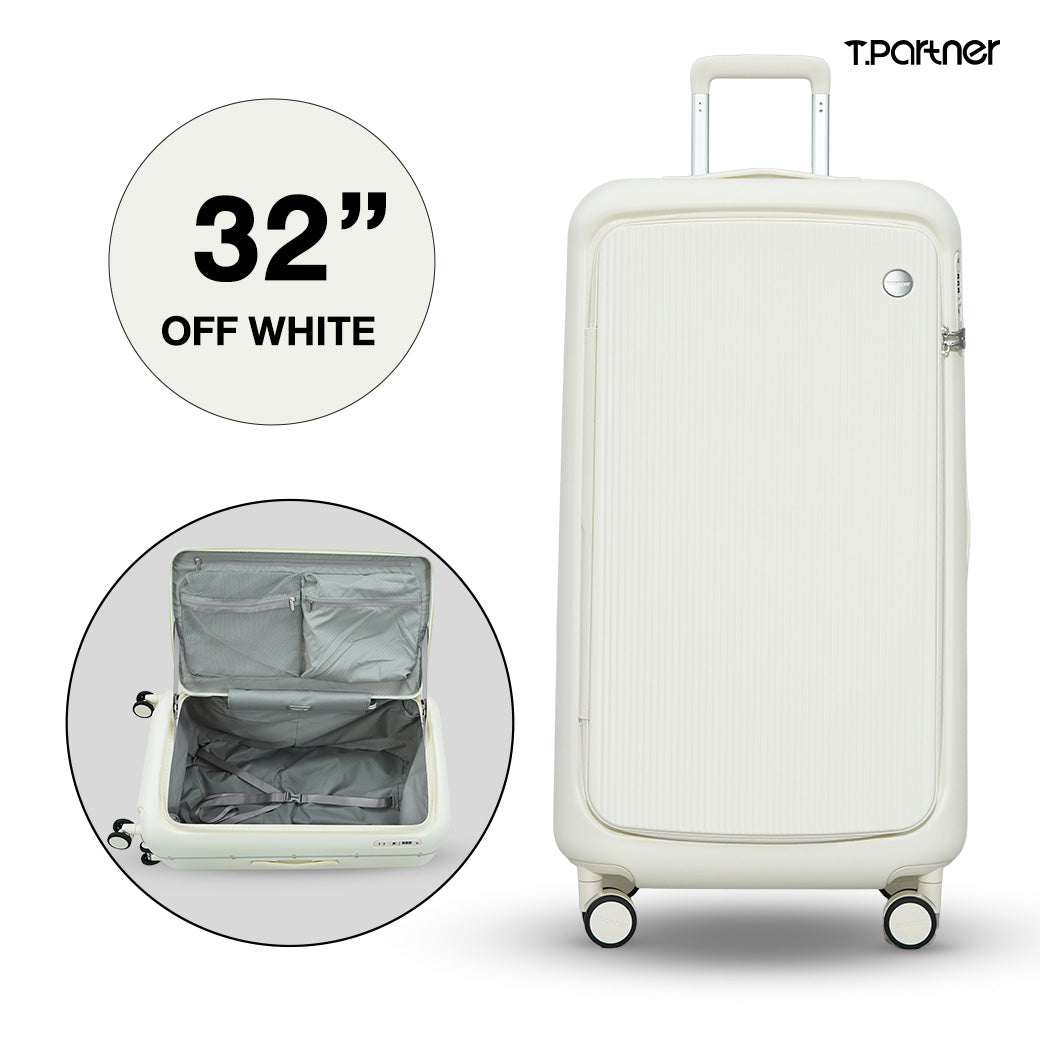กระเป๋าเดินทางรุ่น Glamorous Series สี Off White ขนาด 32 นิ้ว เปิดให้เห็นช่องจัดเก็บภายใน