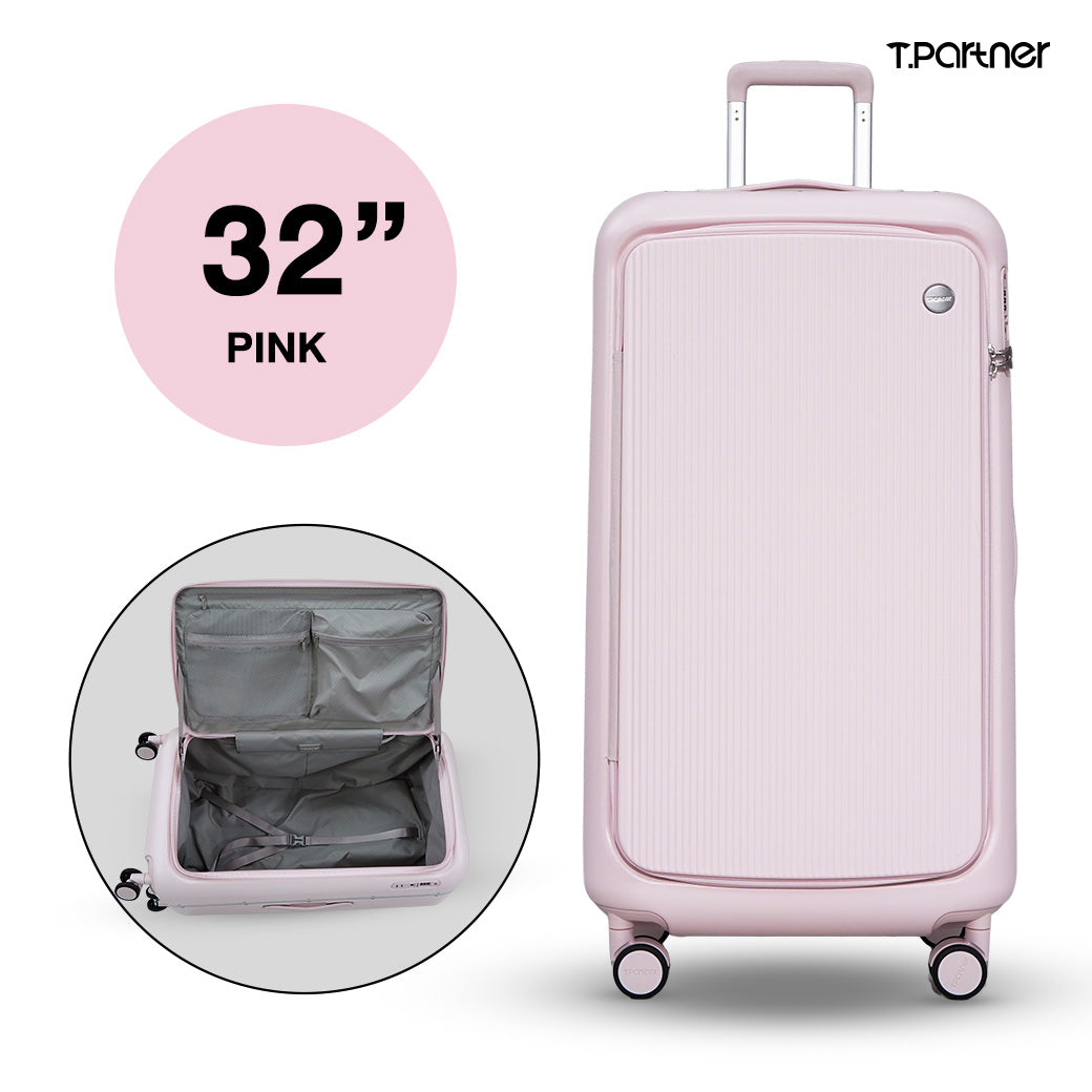 กระเป๋าเดินทาง T.Partner รุ่น Glamorous Series สีชมพู ขนาด 32 นิ้ว เปิดให้เห็นช่องจัดเก็บภายใน