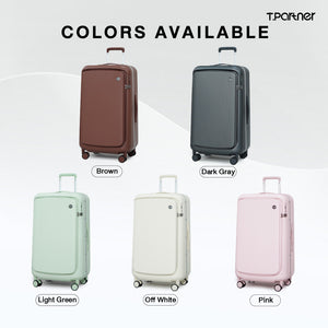 กระเป๋าเดินทางรุ่น Glamorous Series มีให้เลือก 5 สี: น้ำตาล, เทาเข้ม, เขียวอ่อน, ออฟไวท์ และชมพู