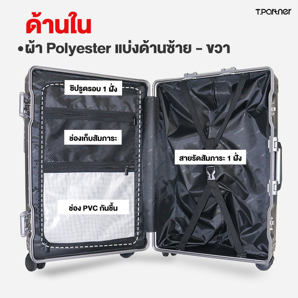 กระเป๋าเดินทาง Hero Series เปิดให้เห็นช่องซิป ช่องเก็บสัมภาระ และสายรัด