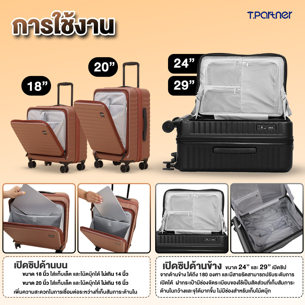 กระเป๋าเดินทาง Pro-II Series ขนาด 18, 20, 24 และ 29 นิ้ว แสดงการใช้งานและช่องเก็บของ.