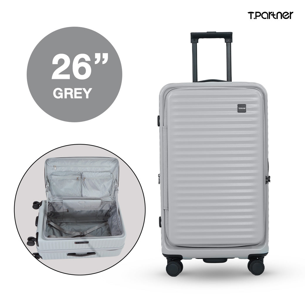 กระเป๋าเดินทางใบใหญ่สีเทาขนาด 26 นิ้ว รุ่น Pro Trunk Series เปิดออกโชว์ช่องเก็บของ