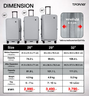ตารางเปรียบเทียบขนาดกระเป๋าเดินทาง Pro Trunk Series 26, 29, 32 นิ้ว พร้อมราคา