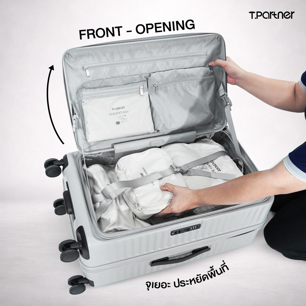 กระเป๋าเดินทาง Pro Trunk Series สีเทา เปิดด้านหน้า จัดเก็บสัมภาระอย่างเป็นระเบียบ