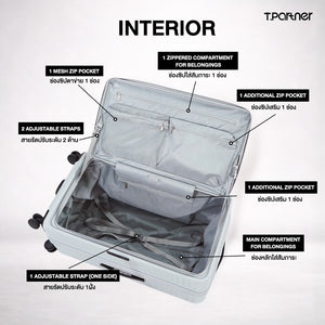 ภายในกระเป๋าเดินทาง Pro Trunk Series สีขาว พร้อมช่องซิปตาข่าย 1 ช่อง และช่องซิป 3 ช่อง