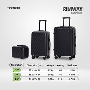 กระเป๋าเดินทาง Rimway Series สีดำ 3 ขนาด พร้อมตารางเทียบขนาดและน้ำหนัก