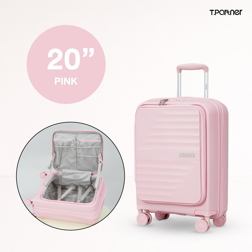 กระเป๋าเดินทางขนาด 20 นิ้ว สีชมพู รุ่น Shine Series T.Partner เปิดโล่งเห็นช่องจัดเก็บภายใน