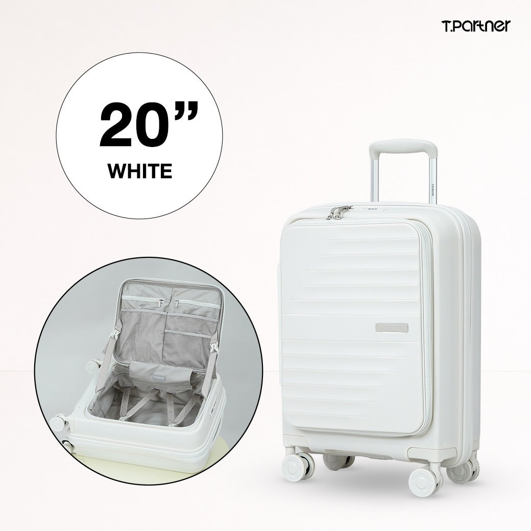 กระเป๋าเดินทางรุ่น Shine Series ขนาด 20 นิ้ว สีขาว ดีไซน์สวยงาม พร้อมช่องจัดเก็บภายใน