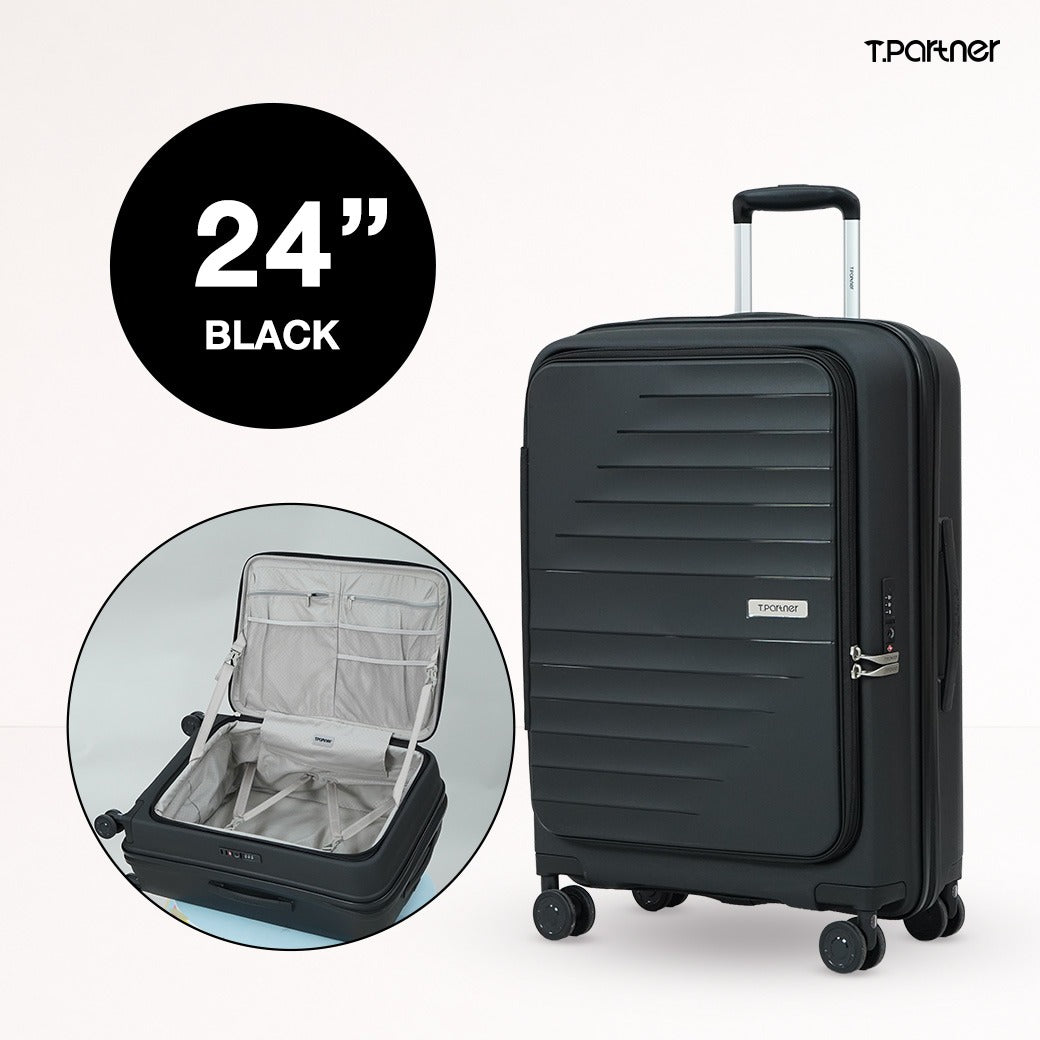 กระเป๋าเดินทางรุ่น Shine Series ขนาด 24 นิ้ว สีดำ ดีไซน์ทันสมัย พร้อมช่องจัดเก็บภายใน