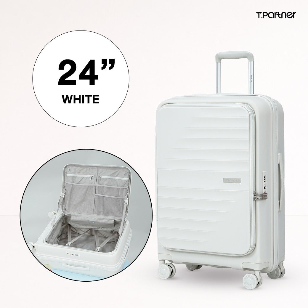 กระเป๋าเดินทางรุ่น Shine Series ขนาด 24 นิ้ว สีขาว ดีไซน์หรู พร้อมช่องจัดเก็บภายใน