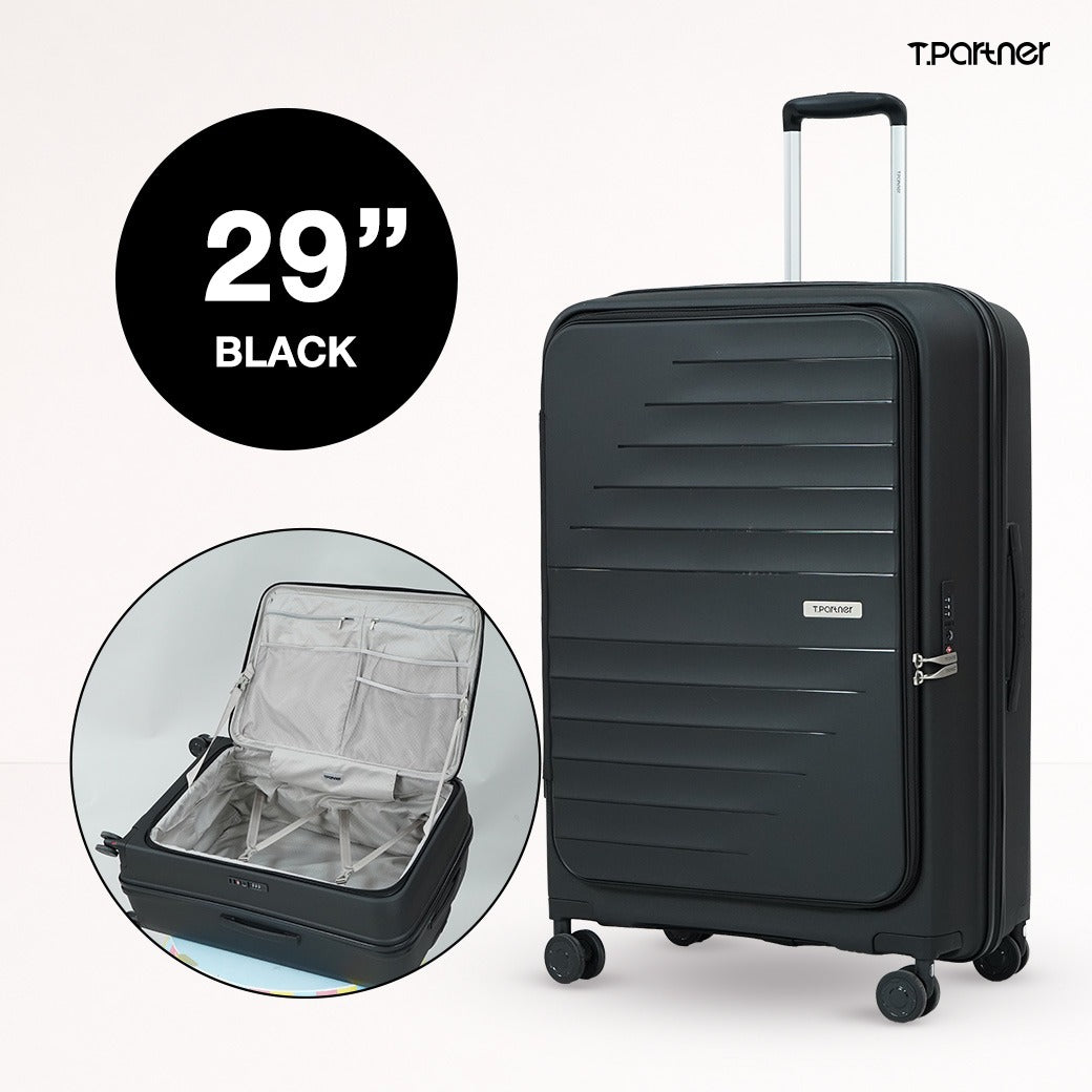 กระเป๋าเดินทางรุ่น Shine Series สีดำ ขนาด 29 นิ้ว เปิดให้เห็นช่องจัดเก็บภายใน