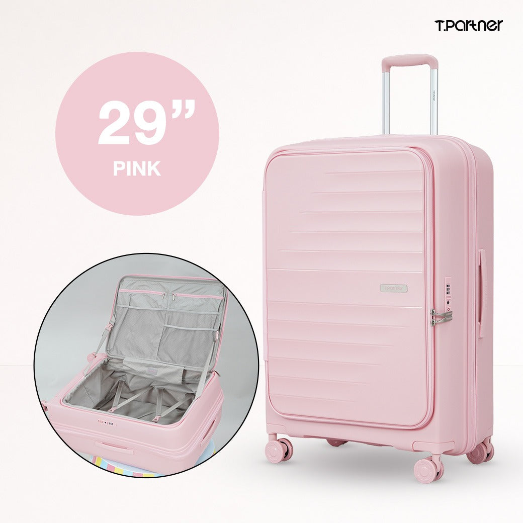 กระเป๋าเดินทางล้อลากสีชมพูขนาด 29 นิ้ว รุ่น Shine Series พร้อมช่องจัดเก็บภายใน
