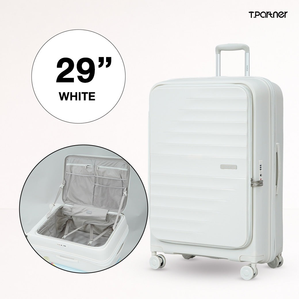 กระเป๋าเดินทางสีขาว ขนาด 29 นิ้ว รุ่น Shine Series พร้อมช่องจัดเก็บภายใน