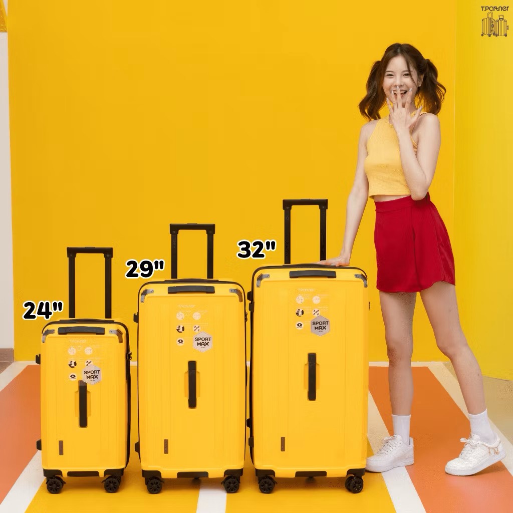 กระเป๋าเดินทาง Sport Max Series สีเหลืองสดใส 3 ขนาด 24, 29, 32 นิ้ว วางเรียงกัน