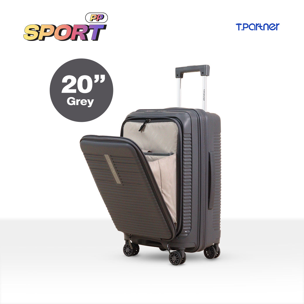 กระเป๋าเดินทางรุ่น Sport PP Series ขนาด 20 นิ้ว สีเทา เปิดฝาโชว์ช่องเก็บของ